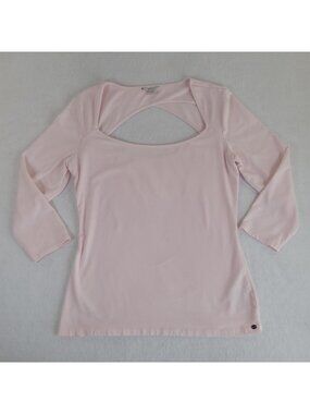 GUESS Womens XL Pink Square Neck 3/4 Sleeve Cut Out Back Top Blouse Cotton